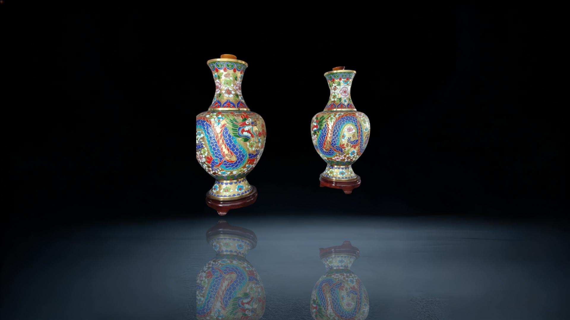 Copper body cloisonn &eacute; enamel dragon and phoenix auspicious grand prize bottle pairs